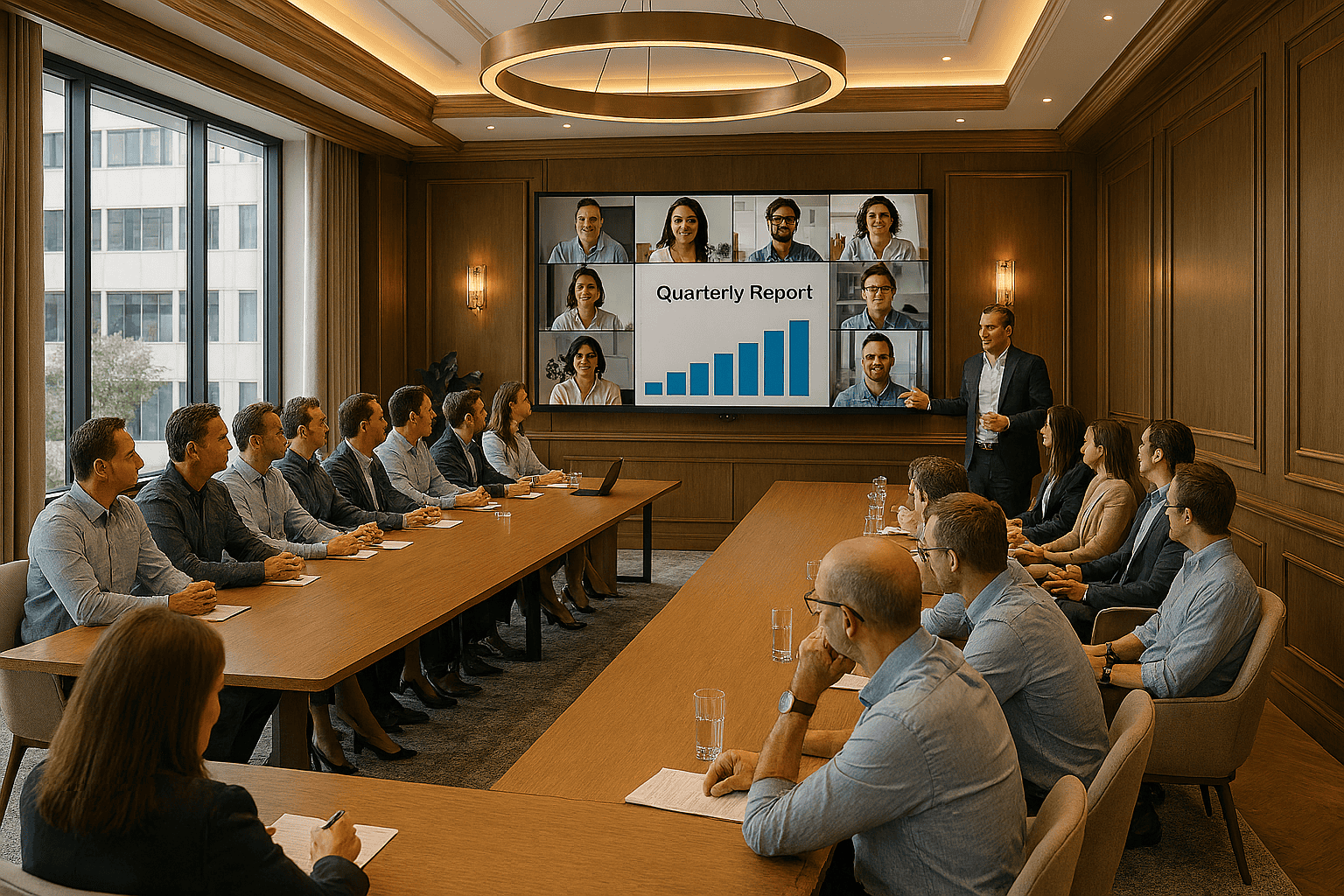 All-hands meeting in prestige office with a room full of people and one person presenting at the front on a teams call meeting 